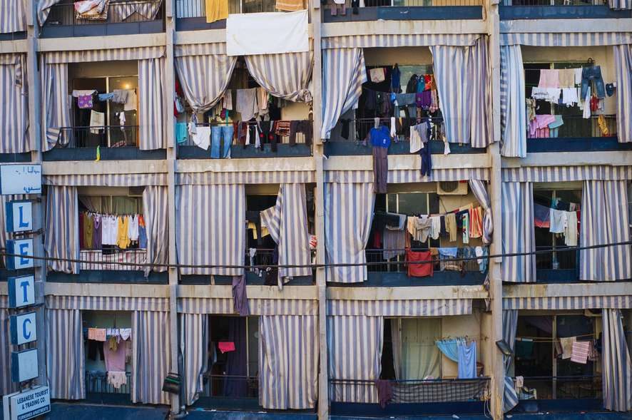 Washing hung across apartment balconies